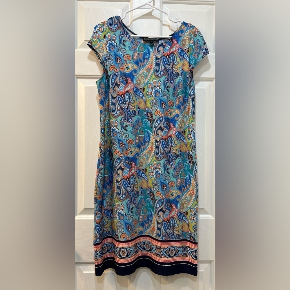 Karin Stevens Dress Colorful Paisley Stretch Short Cap Sleeve Knee Length Sz L
